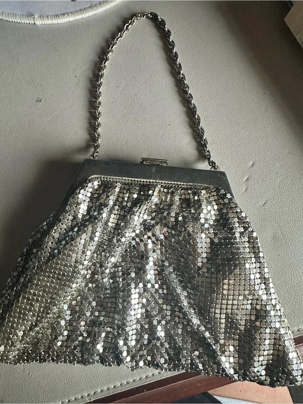 Whiting & Davis Vintage Silver Sequin Chain Wristlet Clutch